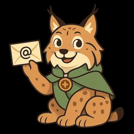 Rysia the lynx mascot holding an email envelope